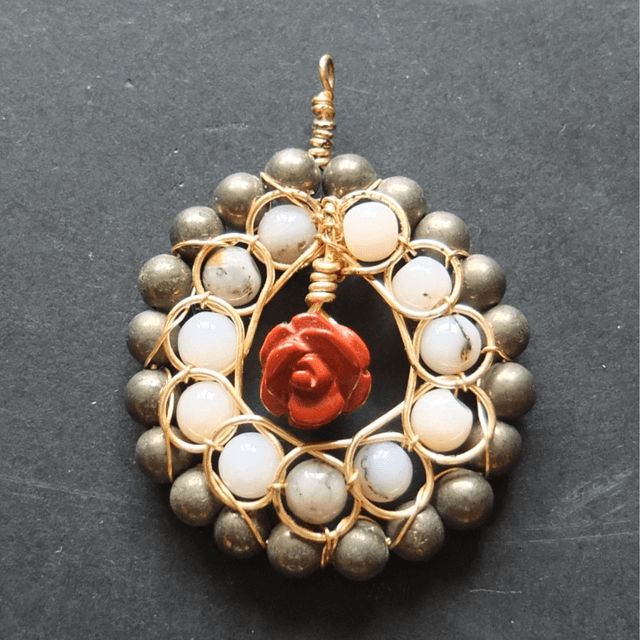 Pyrite, Pink Opal & Jasper Pendant