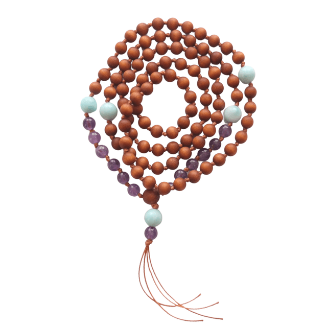 Mala Beads - Australian Sandalwood, Amethyst and Natural Blue Aragonite