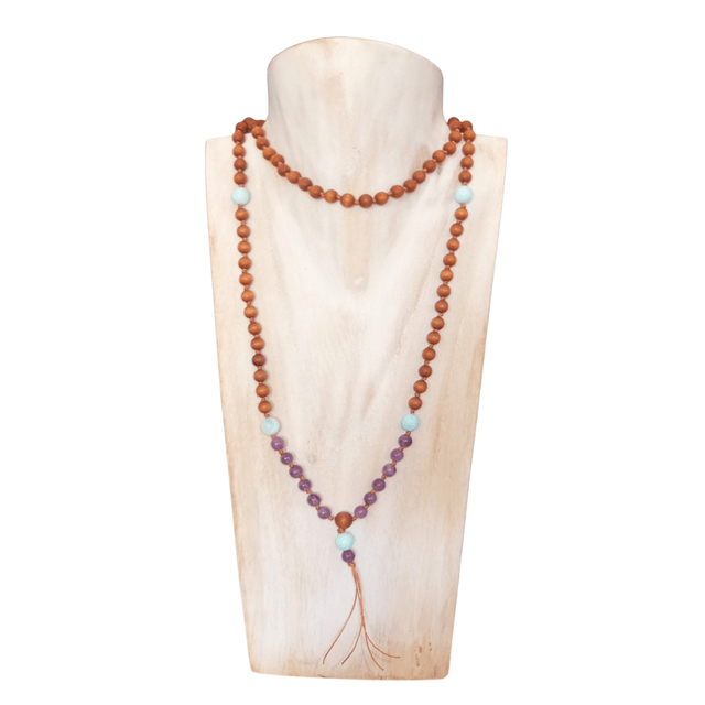 Mala Beads - Australian Sandalwood, Amethyst and Natural Blue Aragonite