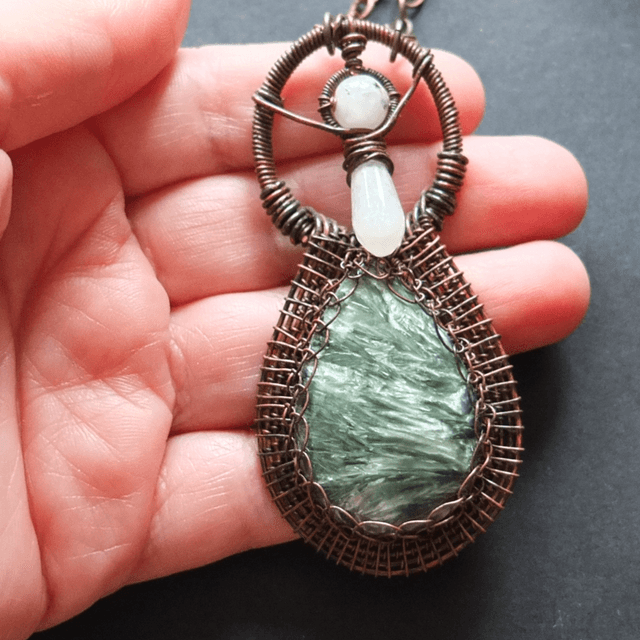 Seraphinite, Quartz and Rainbow Moonstone Pendant