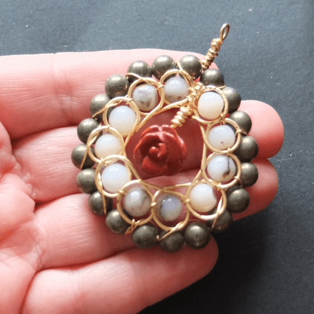 Pyrite, Pink Opal & Jasper Pendant