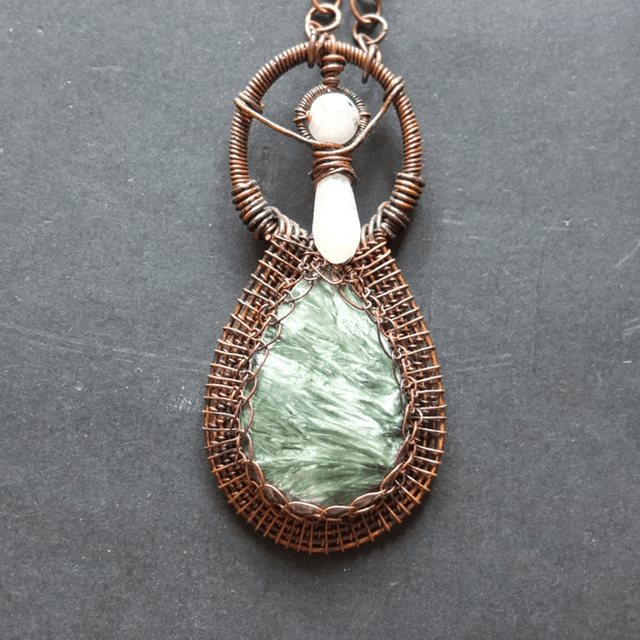 Seraphinite, Quartz and Rainbow Moonstone Pendant