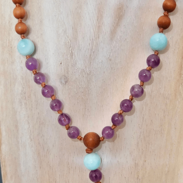 Mala Beads - Australian Sandalwood, Amethyst and Natural Blue Aragonite