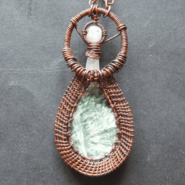 Seraphinite, Quartz and Rainbow Moonstone Pendant