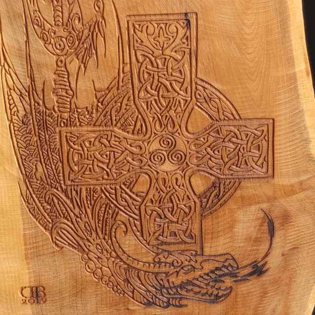 "Celtic Cross Protection Dragon" - Wood Art Engraving