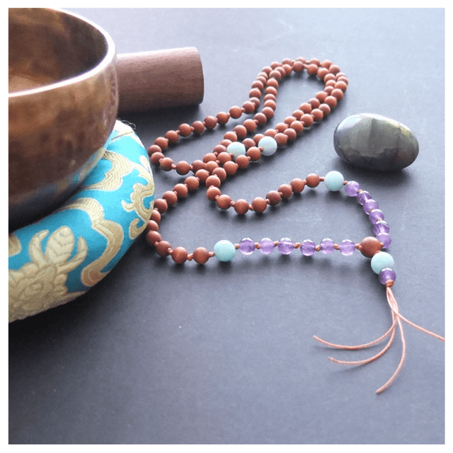 Mala Beads - Australian Sandalwood, Amethyst and Natural Blue Aragonite