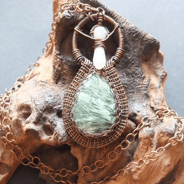 Seraphinite, Quartz and Rainbow Moonstone Pendant