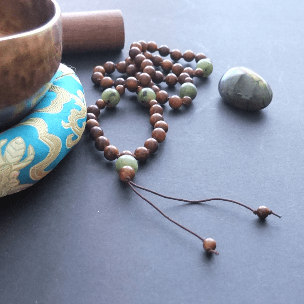 Mala Beads - Golden Sandalwood and Nephrite Jade - 54 beads